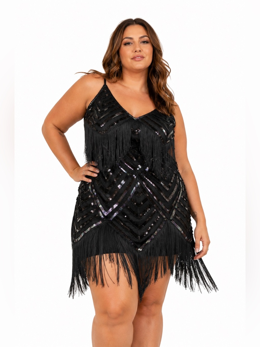 Y2K Vintage Beaded Sequin Fringe Flapper Mini Dress (Black) Size 2X